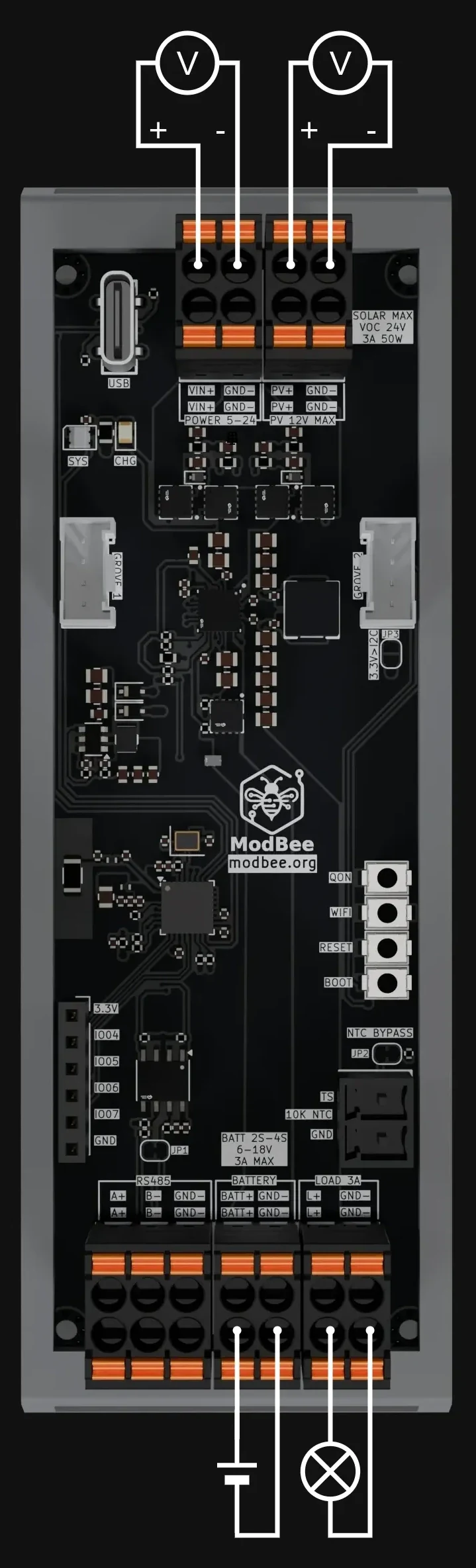 MPPT Charger connection diagram showing the solar, DC, battery and load terminals