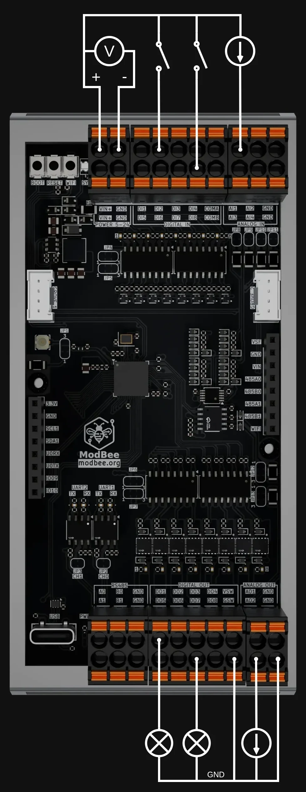 Node UIO connection diagram showing every terminal and example wiring