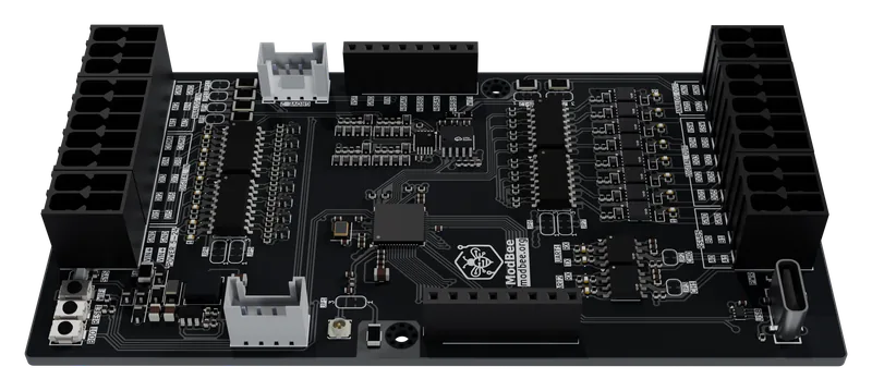 Node UIO board from the front, showing the terminals