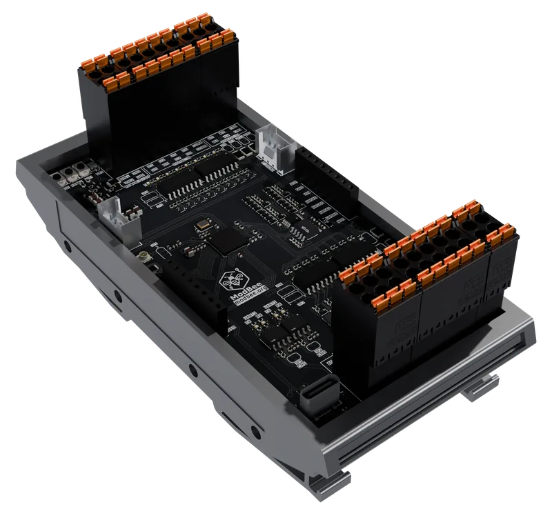 ModBee Node UIO controller in its DIN-rail enclosure